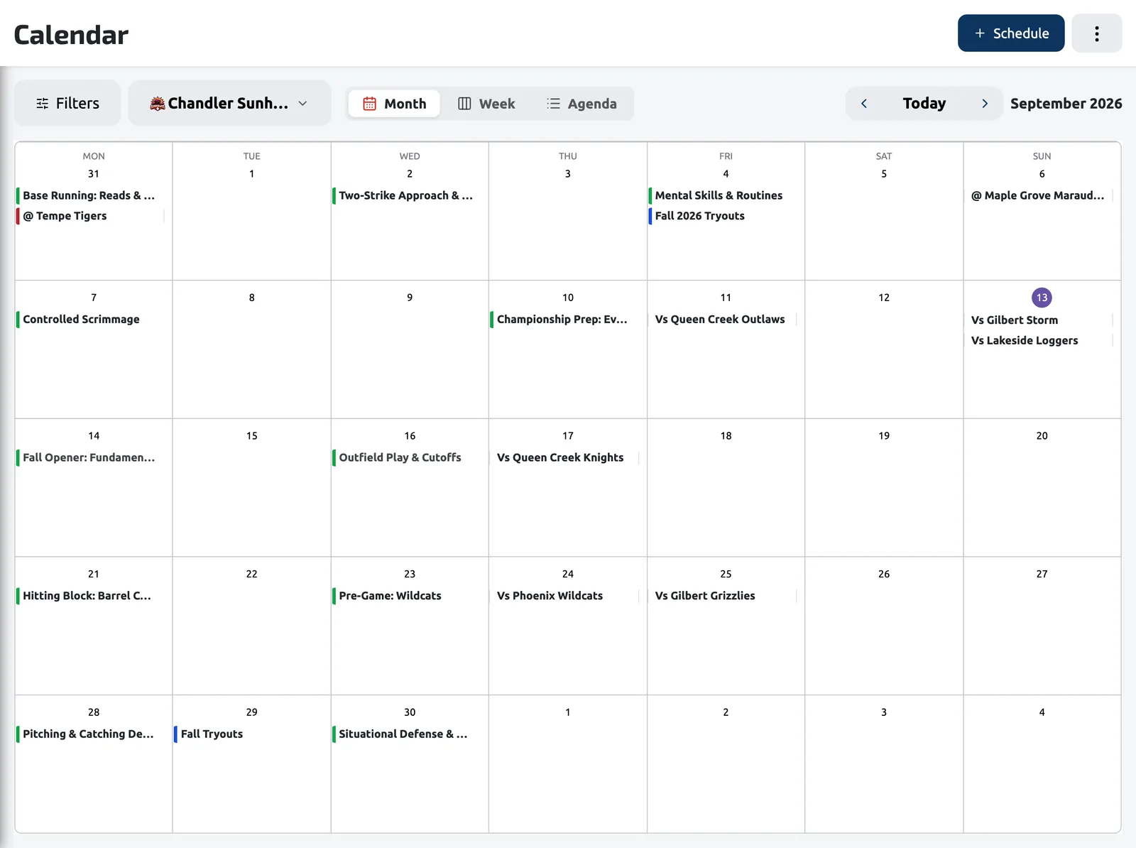 The season calendar: games, practices, and tryouts on one month view
