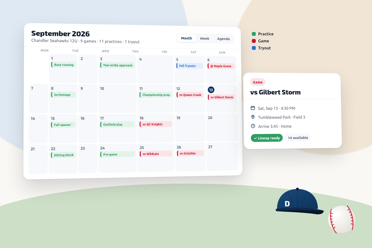 A month calendar of practices, games, and a tryout, with one game opened to its details