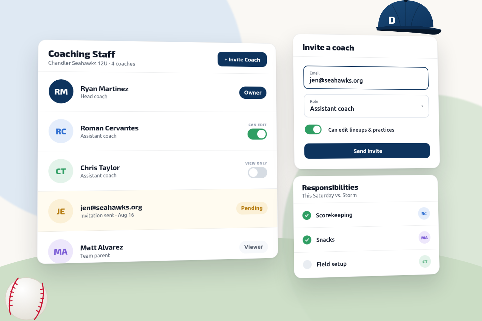 The coaching staff with roles and edit permissions, an invite form, and game-day responsibilities