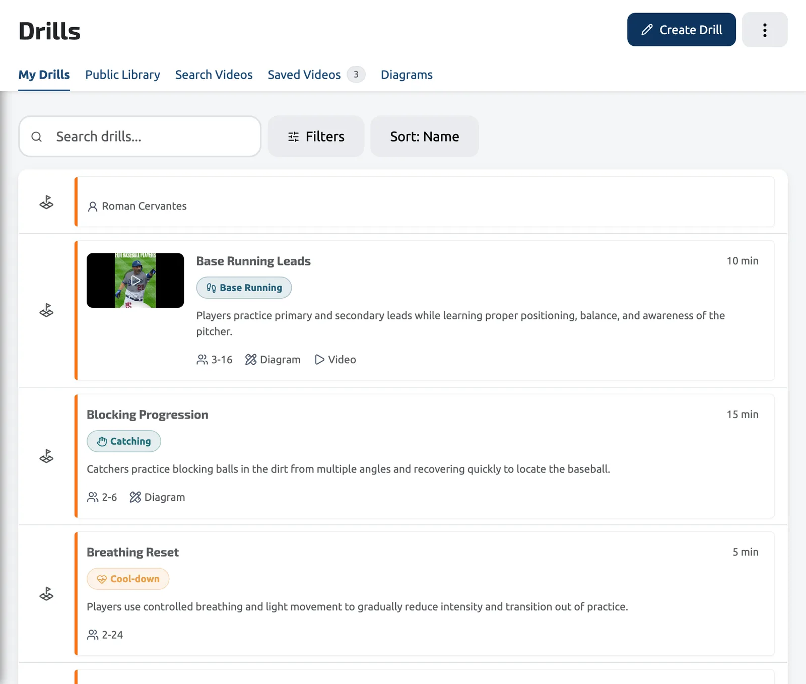 The drill library: drills with skill tags, duration, group size, video and diagrams