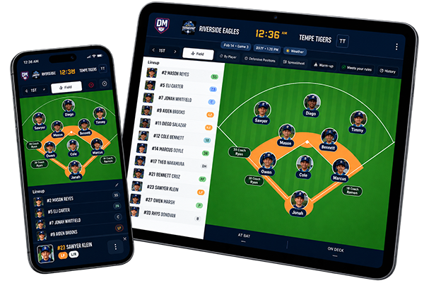 Dugout Master game-day lineup board shown on a tablet and phone: batting order, field positions, innings, and score
