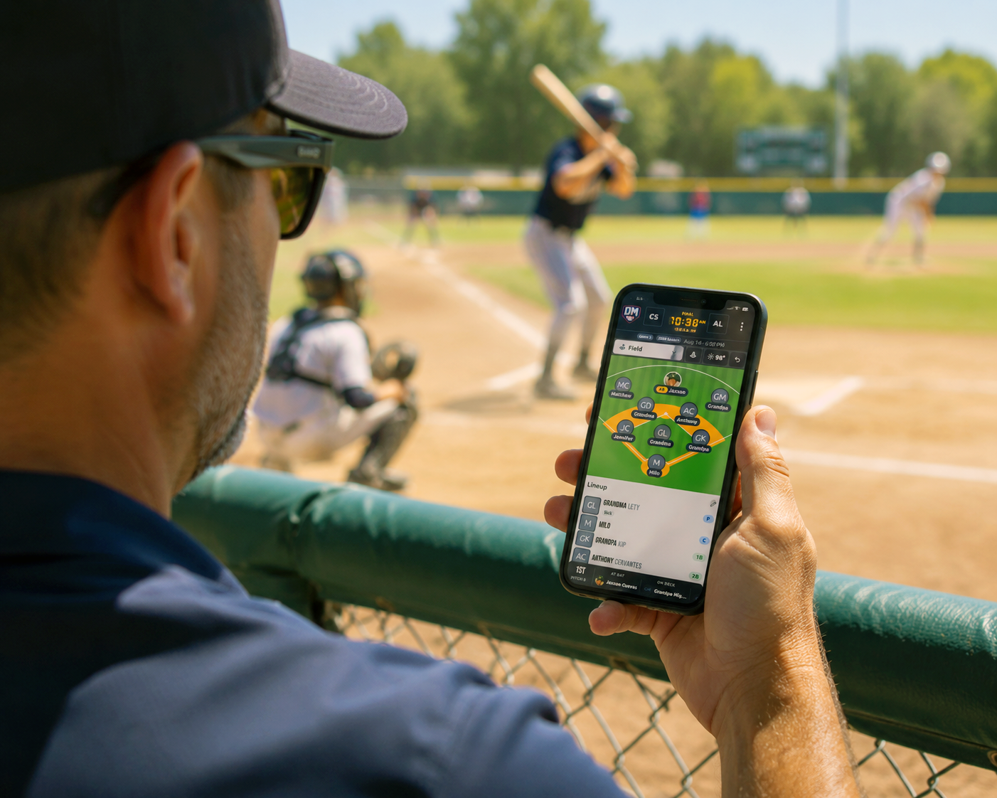 Dugout Master game-day command center showing players positioned on the baseball field
