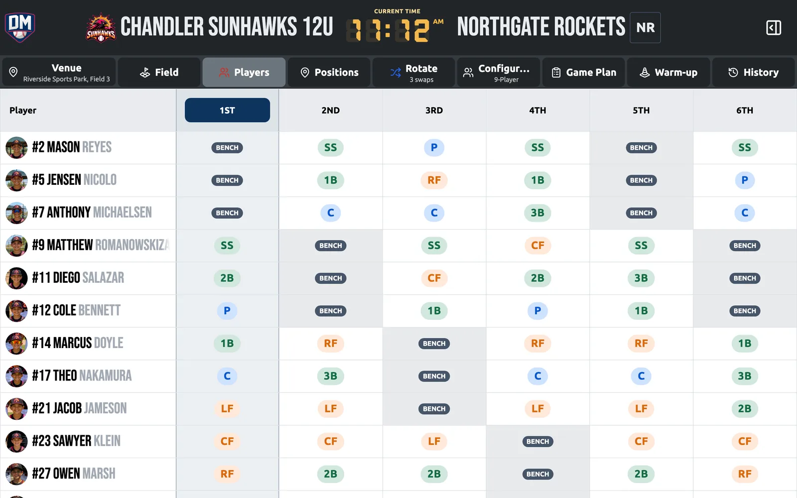 The By Player view: every player’s position for every inning in one grid, bench innings shaded