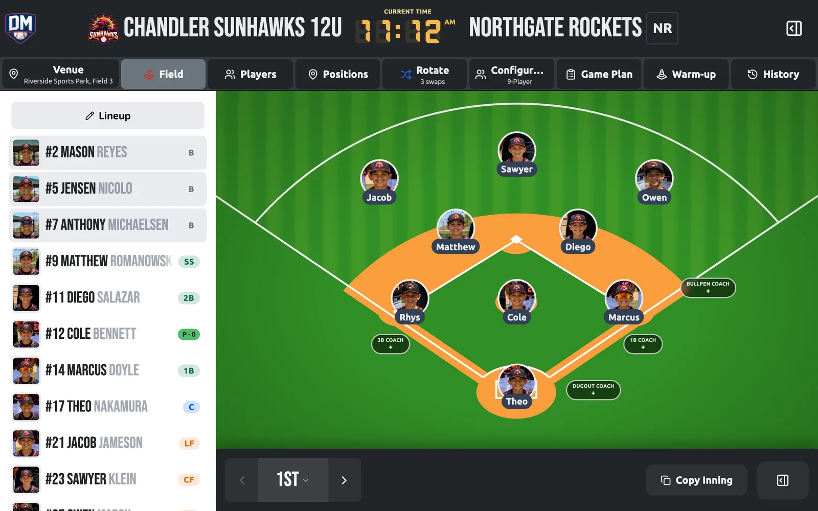 The game workspace: batting order down the left, every fielder on an interactive diamond, and the inning controls along the bottom