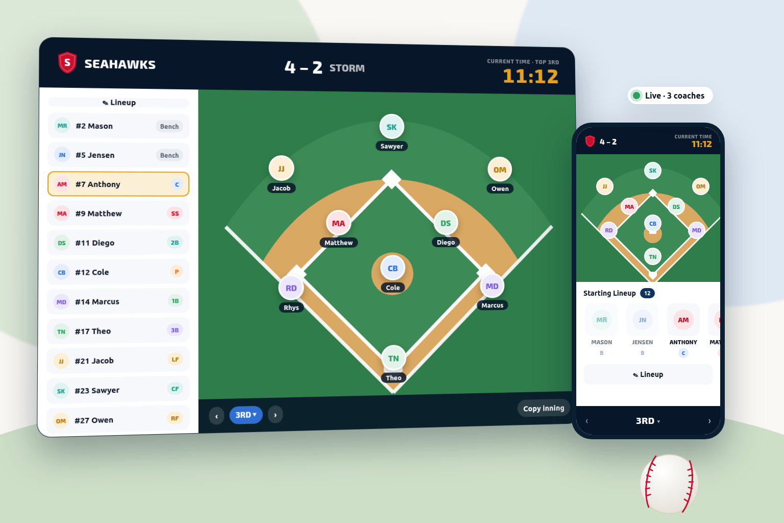 The live game screen with the clock, score, lineup, and every fielder on the diamond, mirrored on a phone