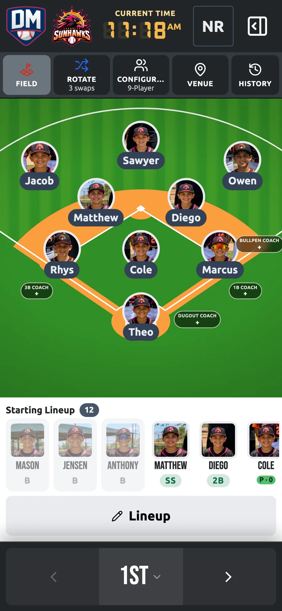 Defensive positions by inning on a phone