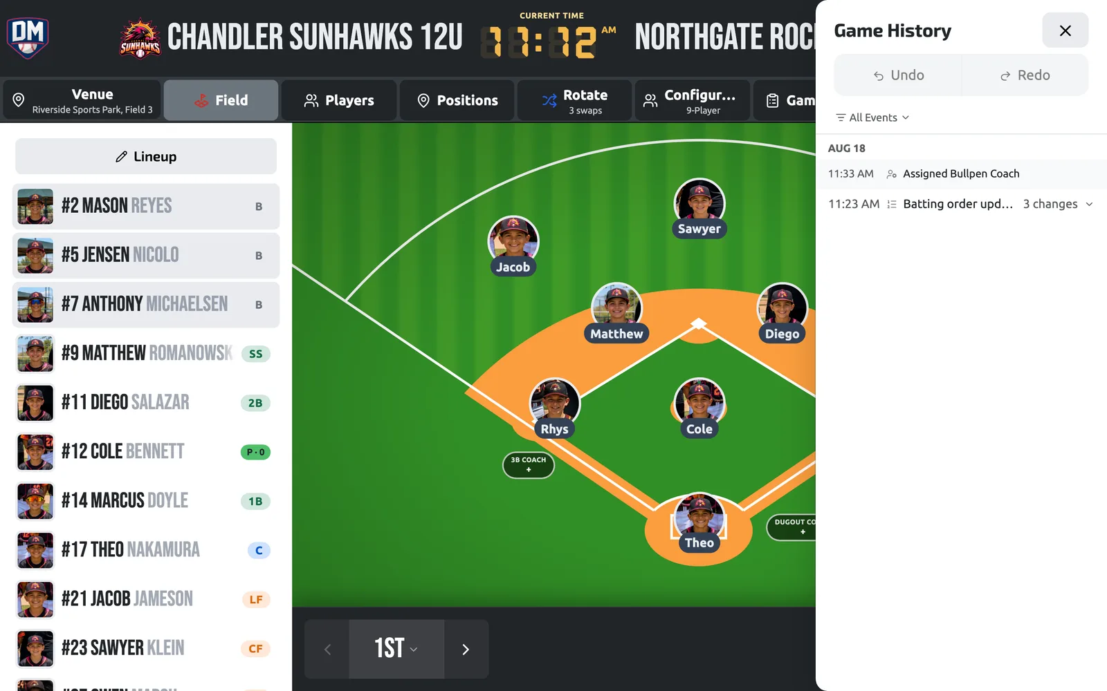 Game History: every change to the lineup with undo and redo