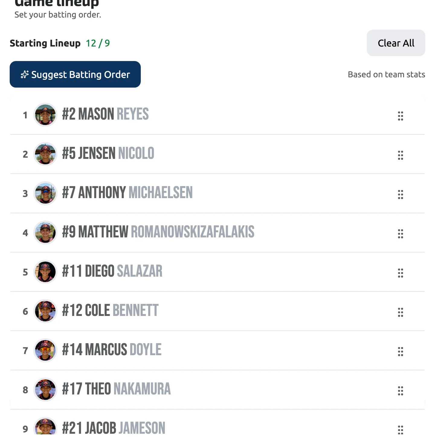 Building a lineup: drag players between the starting lineup and the available players