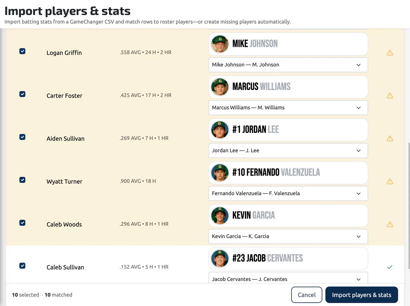 Importing GameChanger stats: each CSV row matched to a roster player before import