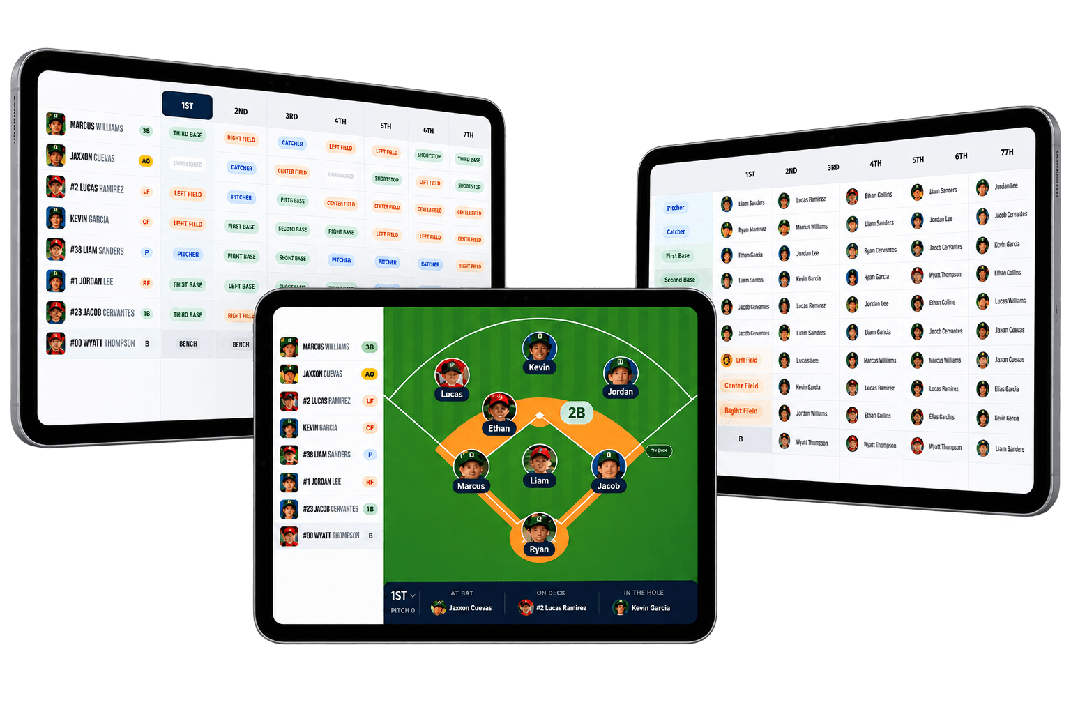 Dugout Master batting order grid showing each player’s position for every inning of a game