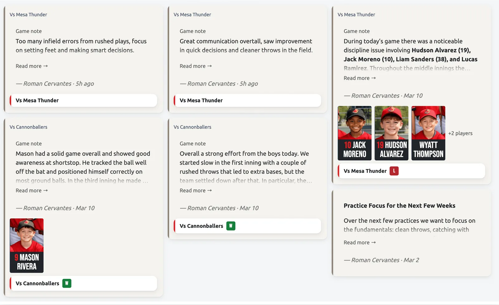 Coaching notes: game notes, player observations, and follow-ups shared with the staff