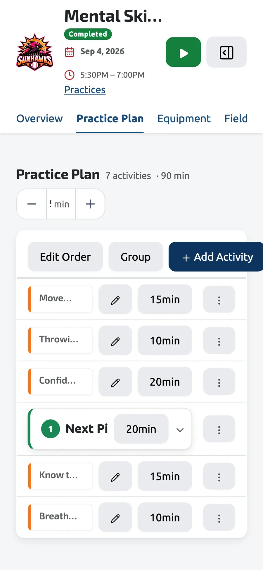 A practice plan on a phone