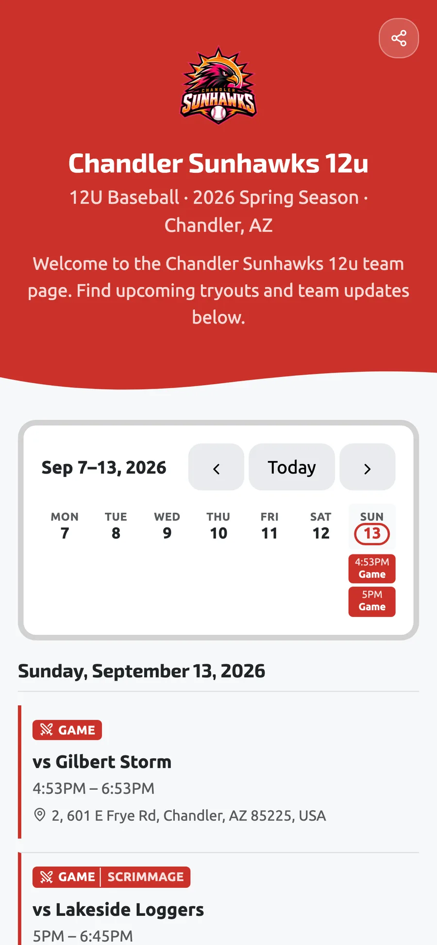 A team’s public page on a phone