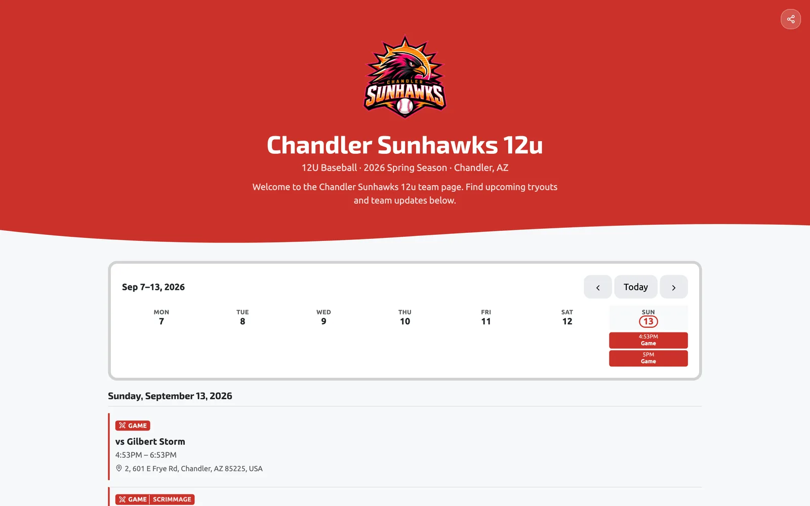 A team’s public page: logo, announcements, and the schedule families can open without an account