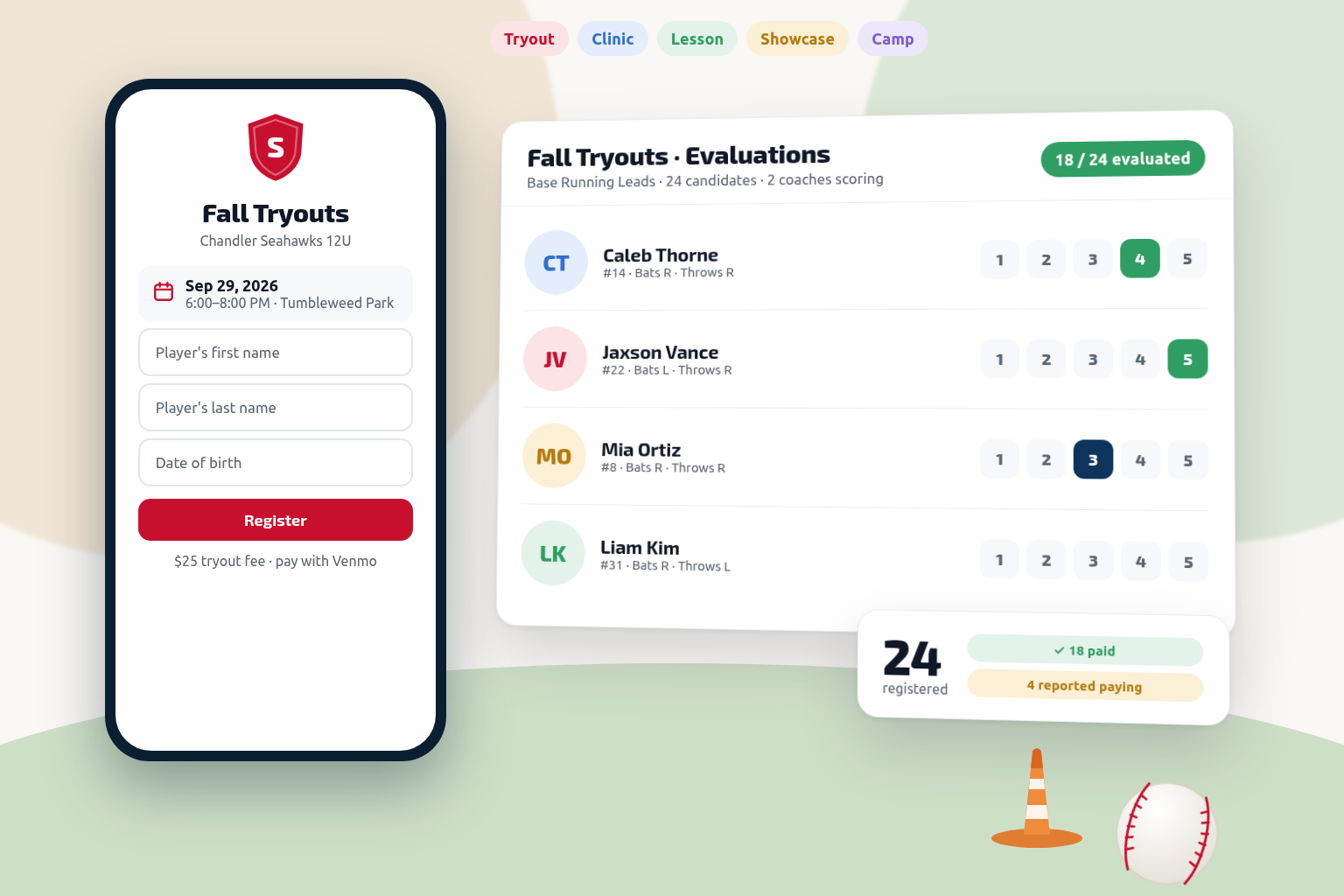 A public registration page on a phone, candidates being scored at a tryout, and the registration count