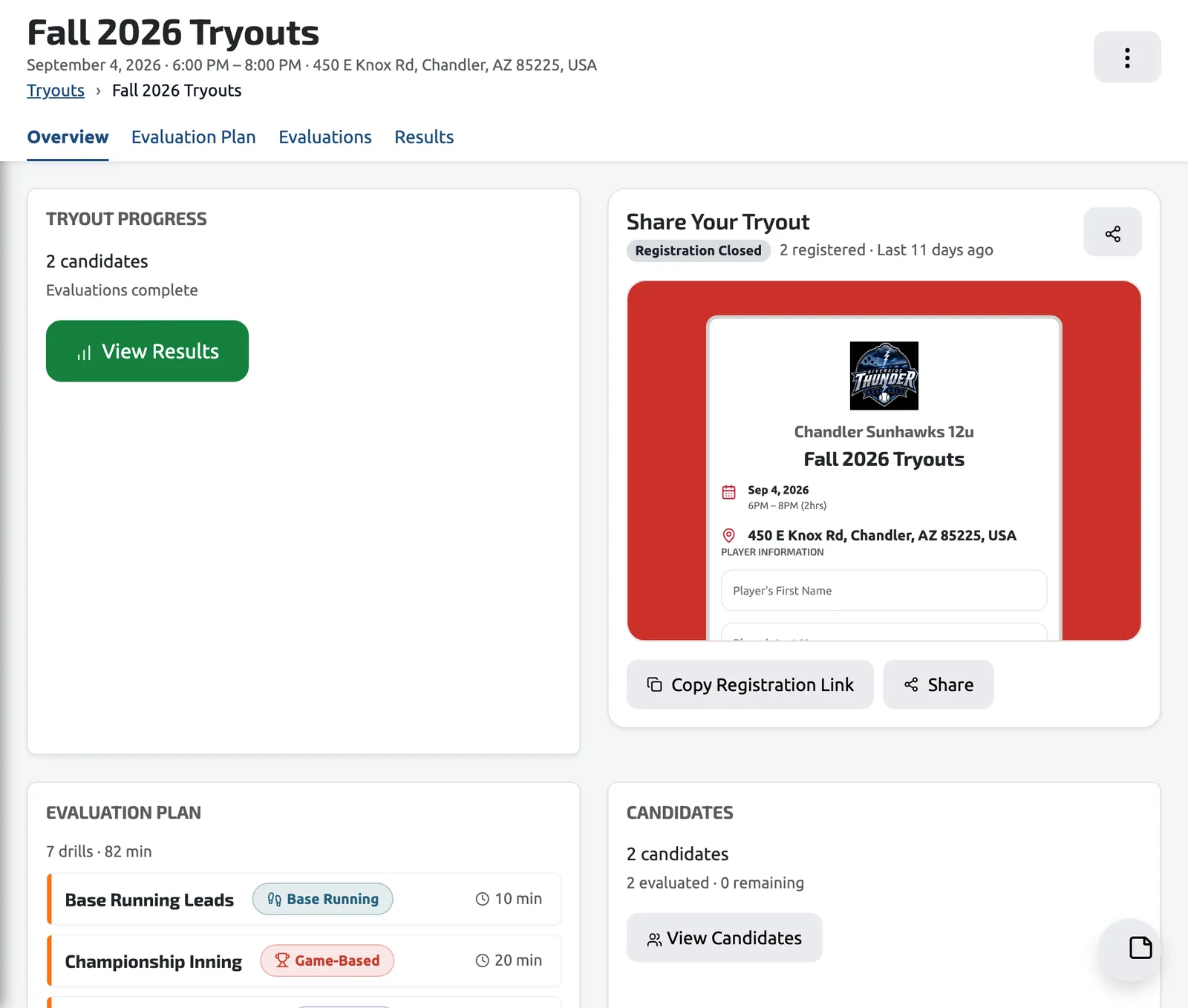 A tryout: the evaluation plan, registered players, and the share and registration tools