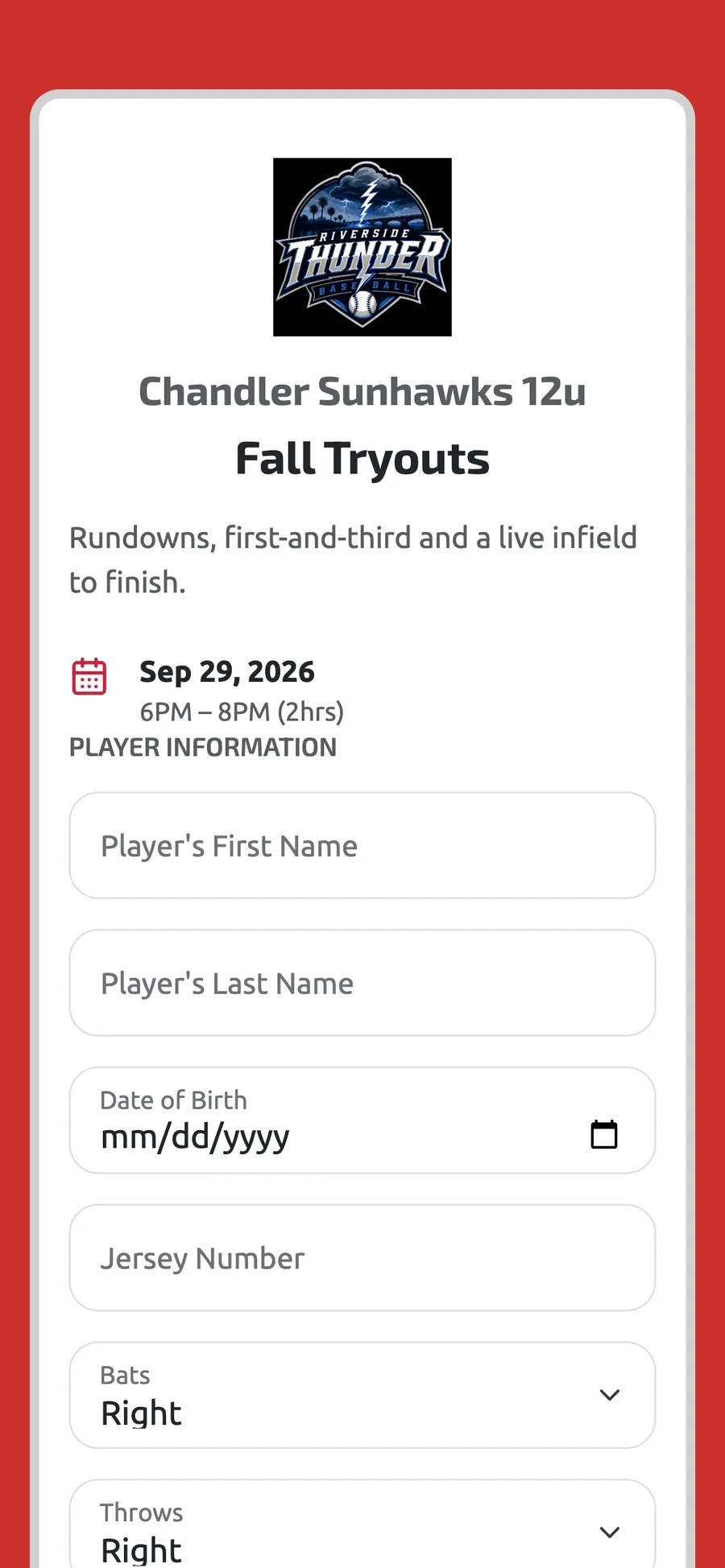 The public tryout registration page families open from a link or QR code