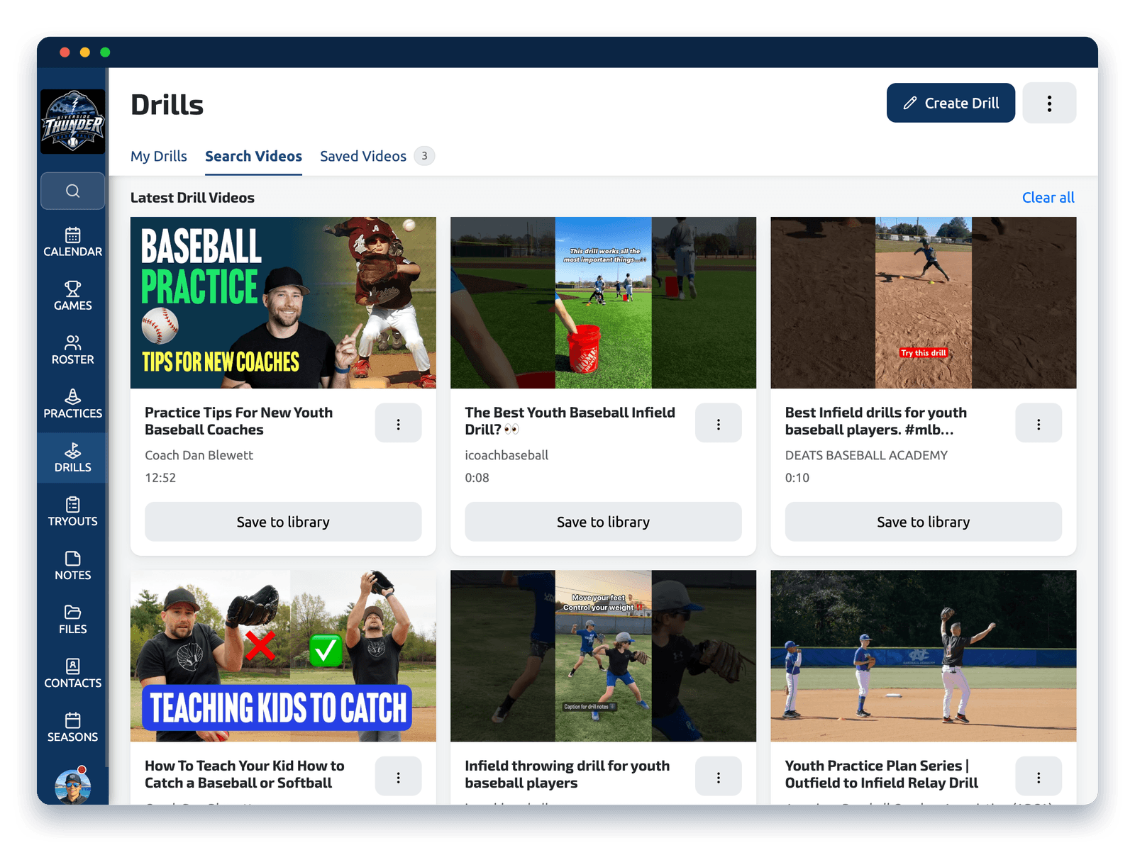 The Video Library inside Dugout Master: search results for youth baseball coaching videos, each with a Save to library button